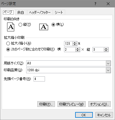 ページ設定【ページ】のサンプル画像