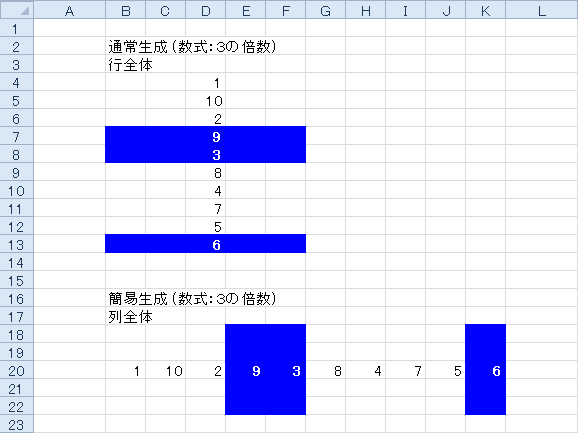 条件付き書式の行全体・列全体のサンプル画像